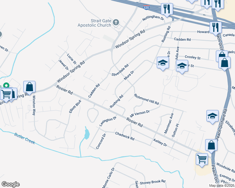 map of restaurants, bars, coffee shops, grocery stores, and more near 2308 Mura Drive in Augusta