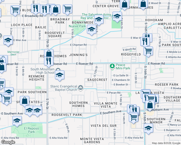 map of restaurants, bars, coffee shops, grocery stores, and more near 1026 East Chambers Street in Phoenix
