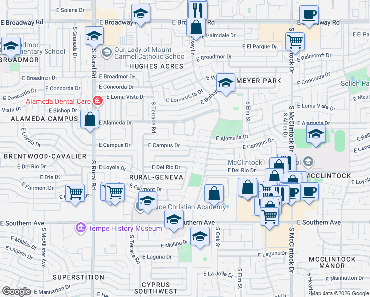 map of restaurants, bars, coffee shops, grocery stores, and more near 1251 East Balboa Drive in Tempe
