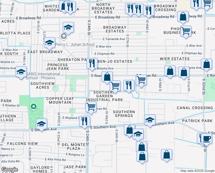map of restaurants, bars, coffee shops, grocery stores, and more near 2451 East Roeser Road in Phoenix