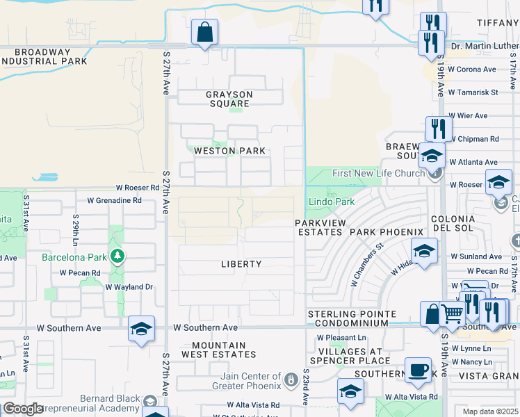 map of restaurants, bars, coffee shops, grocery stores, and more near 2398 West Roeser Road in Phoenix