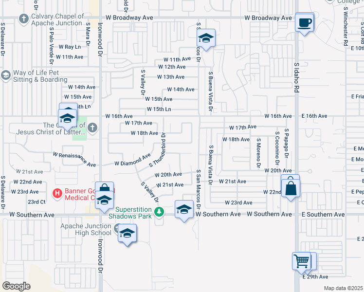 map of restaurants, bars, coffee shops, grocery stores, and more near 951 West 18th Avenue in Apache Junction