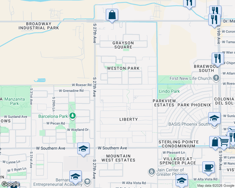 map of restaurants, bars, coffee shops, grocery stores, and more near 2520 West Grenadine Road in Phoenix
