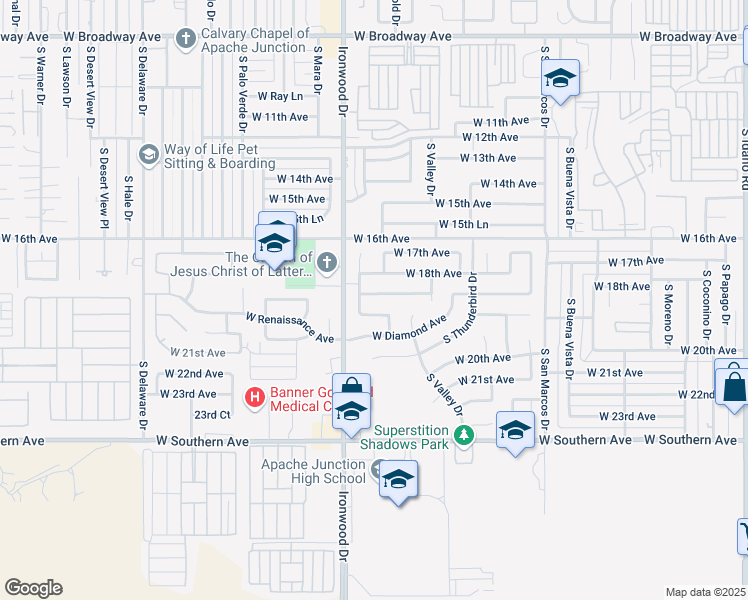 map of restaurants, bars, coffee shops, grocery stores, and more near 1521 West 18th Avenue in Apache Junction