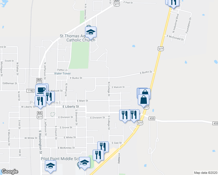 map of restaurants, bars, coffee shops, grocery stores, and more near 425 North College Street in Pilot Point