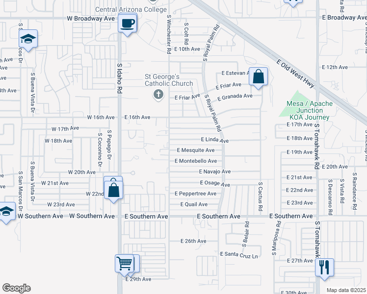 map of restaurants, bars, coffee shops, grocery stores, and more near 530 East Linda Avenue in Apache Junction