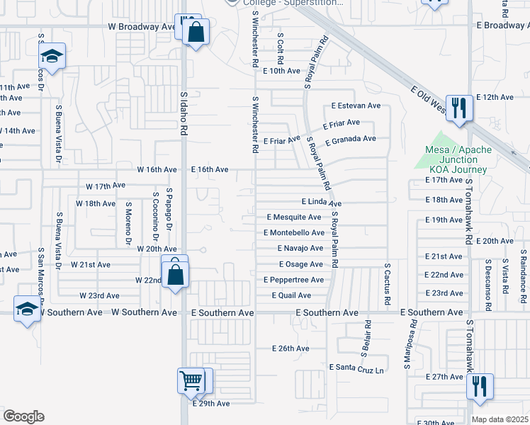 map of restaurants, bars, coffee shops, grocery stores, and more near 422 East Linda Avenue in Apache Junction
