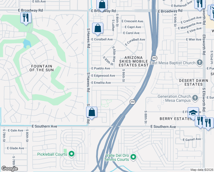 map of restaurants, bars, coffee shops, grocery stores, and more near 8466 East Emelita Avenue in Mesa