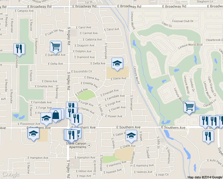 map of restaurants, bars, coffee shops, grocery stores, and more near 5517 East Emelita Avenue in Mesa