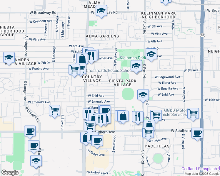 map of restaurants, bars, coffee shops, grocery stores, and more near 1013 West Elena Circle in Mesa