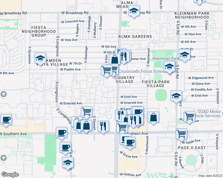 map of restaurants, bars, coffee shops, grocery stores, and more near 856 South Alma School Road in Mesa