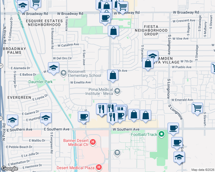 map of restaurants, bars, coffee shops, grocery stores, and more near 857 South Dobson Road in Mesa