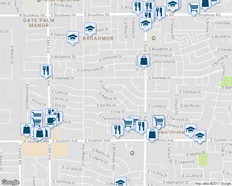 map of restaurants, bars, coffee shops, grocery stores, and more near 513 East Wesleyan Drive in Tempe