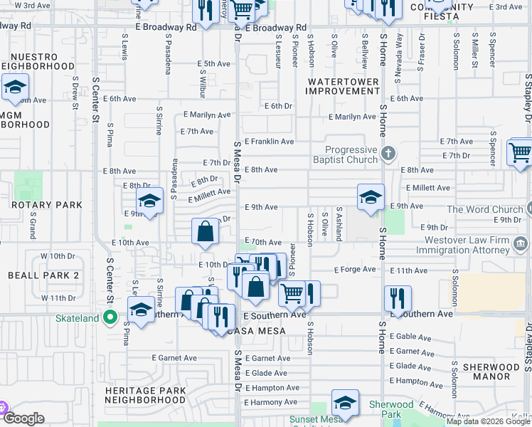 map of restaurants, bars, coffee shops, grocery stores, and more near 508 East 9th Avenue in Mesa