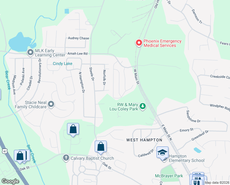 map of restaurants, bars, coffee shops, grocery stores, and more near 261 Norfolk Drive in Hampton