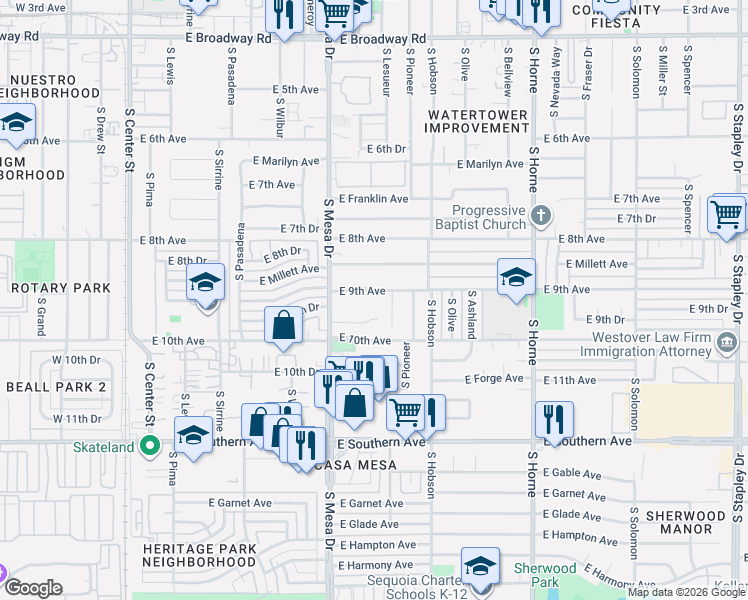 map of restaurants, bars, coffee shops, grocery stores, and more near 508 East 9th Avenue in Mesa