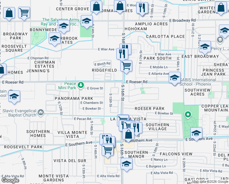 map of restaurants, bars, coffee shops, grocery stores, and more near 1513 East Grove Street in Phoenix