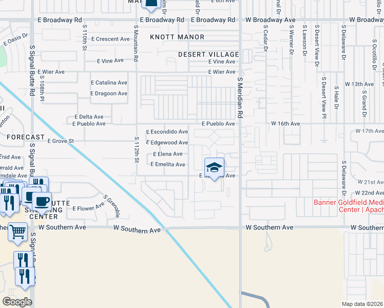 map of restaurants, bars, coffee shops, grocery stores, and more near 11359 East Edgewood Avenue in Mesa