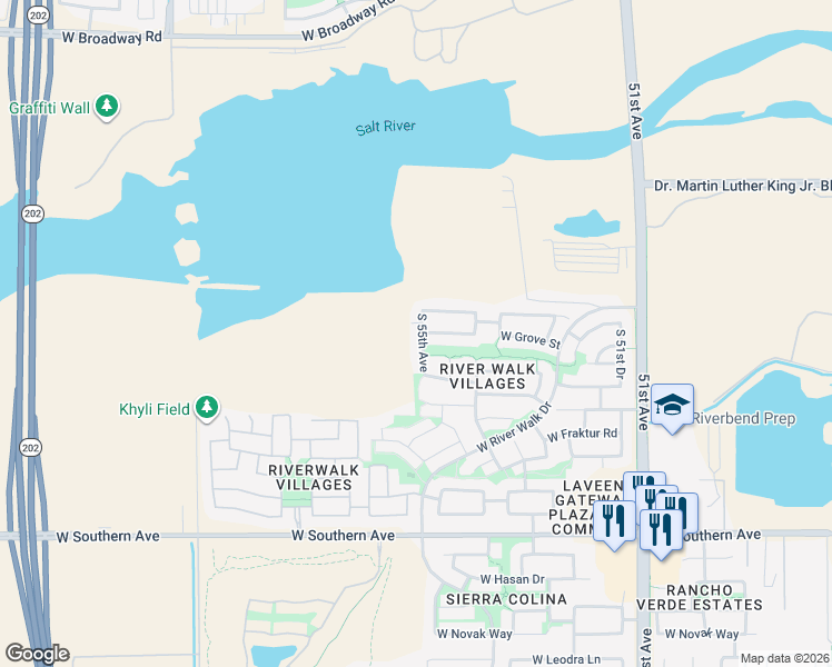 map of restaurants, bars, coffee shops, grocery stores, and more near 5220 South 55th Avenue in Phoenix