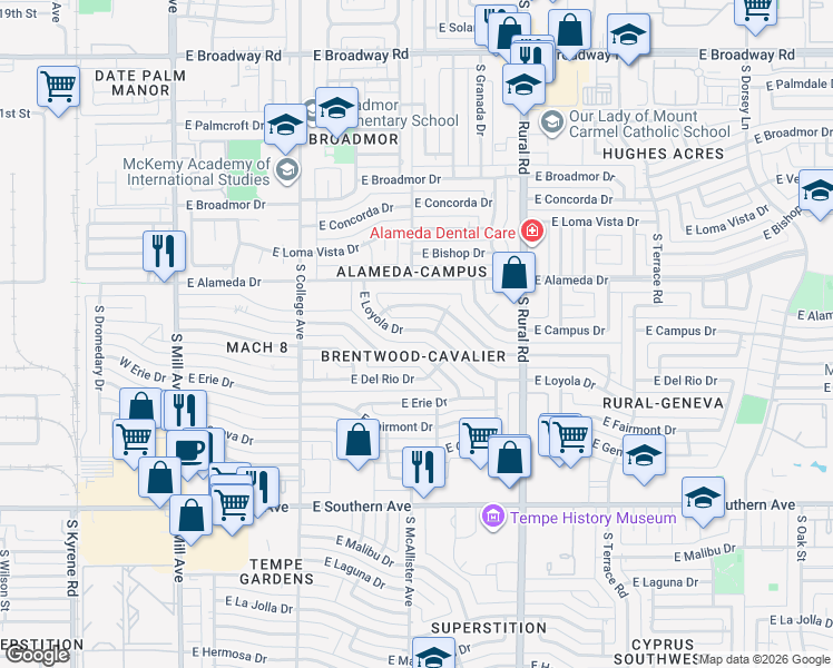map of restaurants, bars, coffee shops, grocery stores, and more near 513 East Wesleyan Drive in Tempe