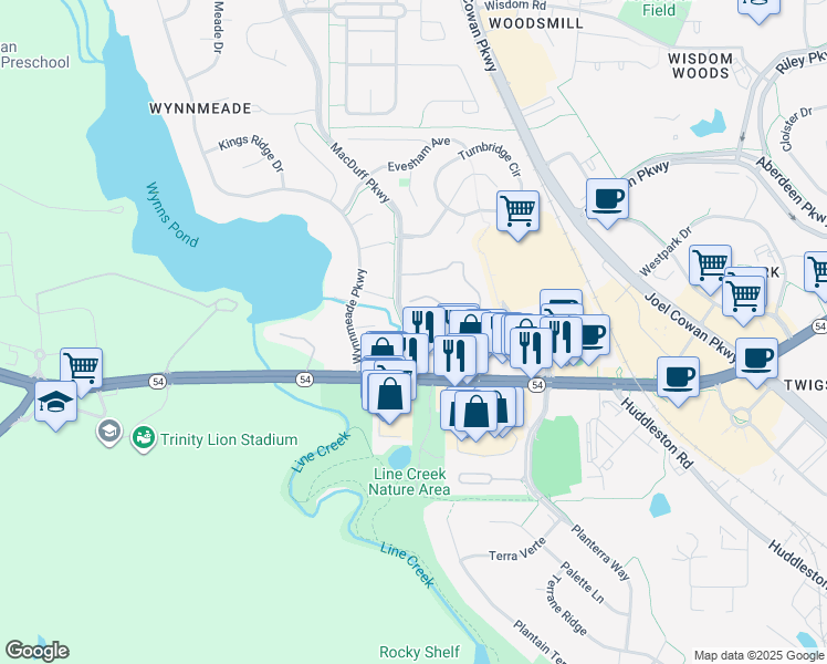 map of restaurants, bars, coffee shops, grocery stores, and more near 100 Merrick Drive in Peachtree City