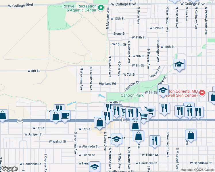 map of restaurants, bars, coffee shops, grocery stores, and more near 1301-1399 Highland Rd in Roswell