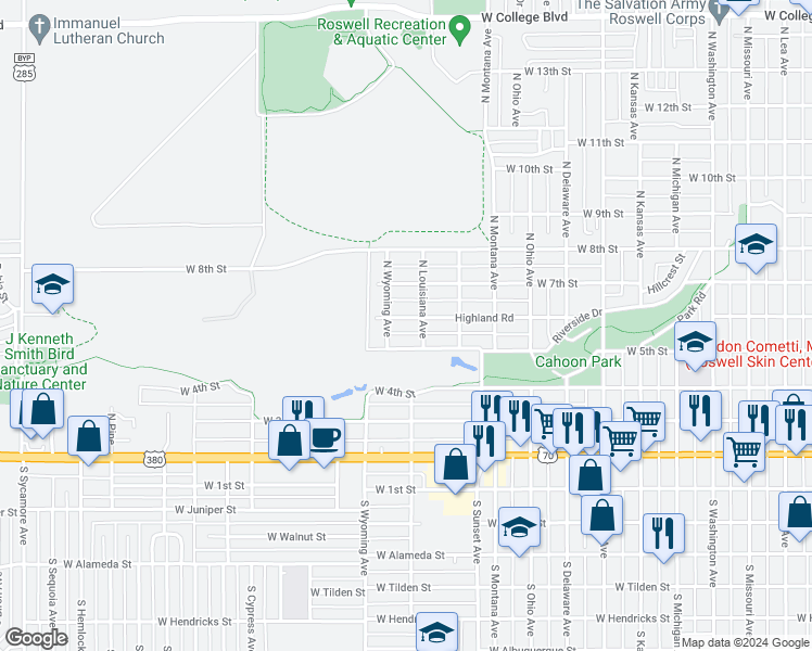 map of restaurants, bars, coffee shops, grocery stores, and more near 1504 Highland Road in Roswell