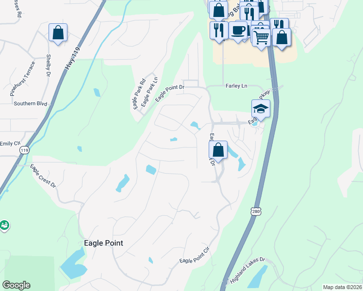 map of restaurants, bars, coffee shops, grocery stores, and more near 416 Griffin Park Lane in Birmingham