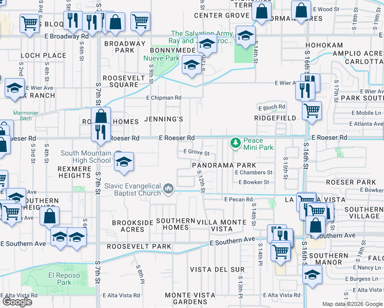 map of restaurants, bars, coffee shops, grocery stores, and more near 1012 East Grove Street in Phoenix