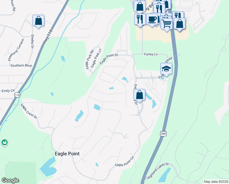 map of restaurants, bars, coffee shops, grocery stores, and more near 416 Griffin Park Lane in Birmingham