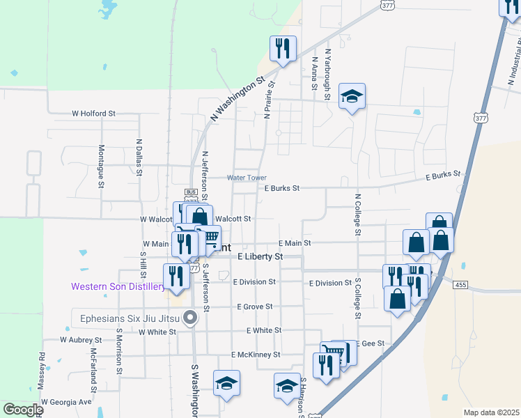 map of restaurants, bars, coffee shops, grocery stores, and more near 229 North Prairie Street in Pilot Point