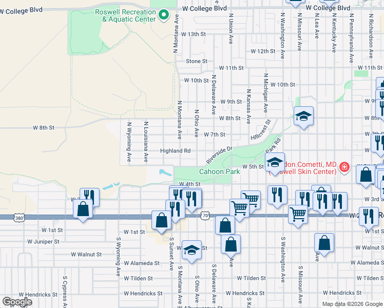 map of restaurants, bars, coffee shops, grocery stores, and more near 1205 Highland Road in Roswell