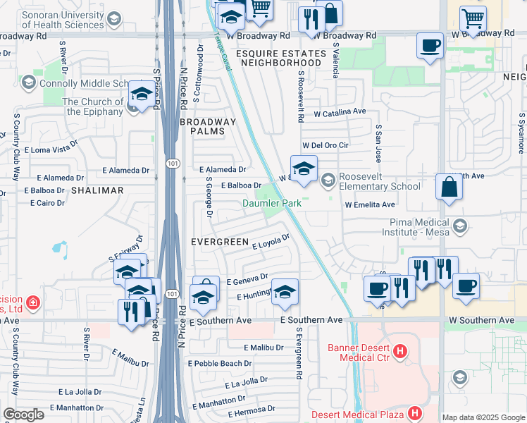 map of restaurants, bars, coffee shops, grocery stores, and more near 2899 South Evergreen Road in Tempe