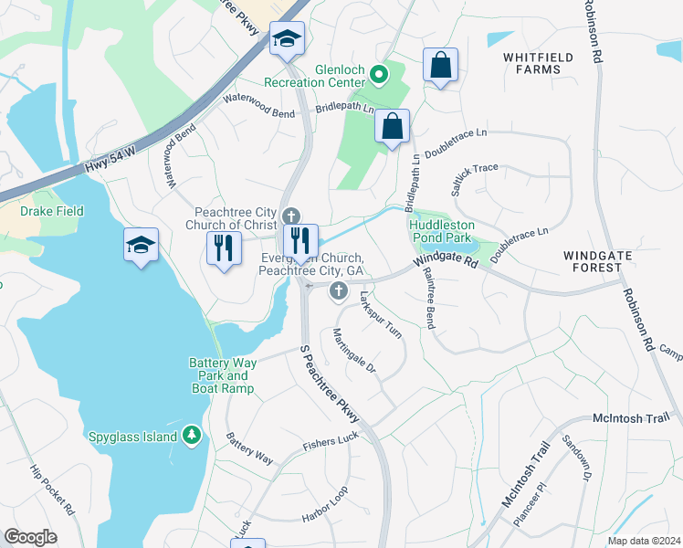 map of restaurants, bars, coffee shops, grocery stores, and more near 112 Bentwood Court in Peachtree City