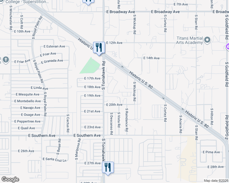 map of restaurants, bars, coffee shops, grocery stores, and more near 1840 East 18th Avenue in Apache Junction