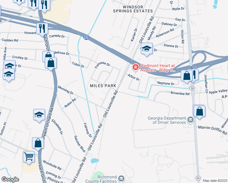 map of restaurants, bars, coffee shops, grocery stores, and more near 1802 Dawn Street in Augusta