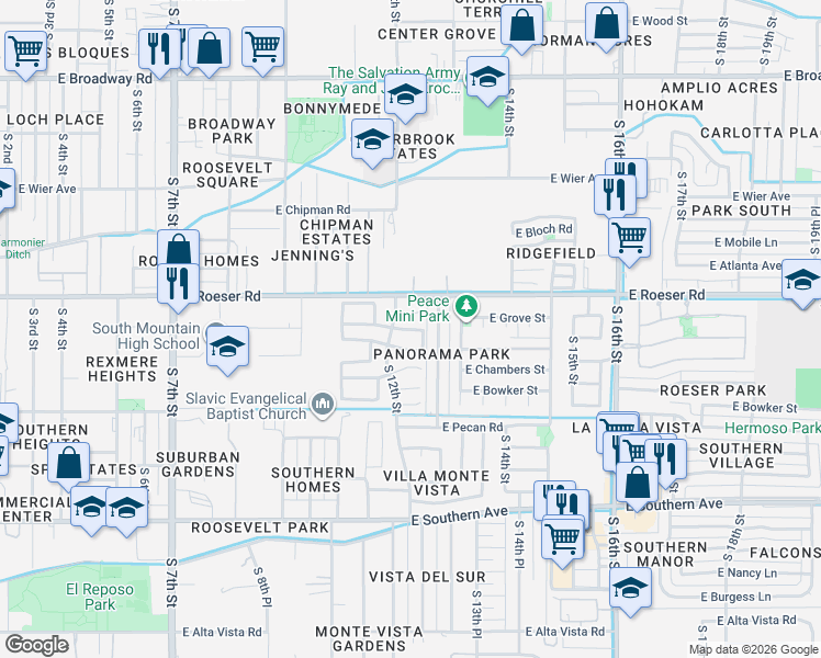 map of restaurants, bars, coffee shops, grocery stores, and more near 1218 East Grove Road in Phoenix