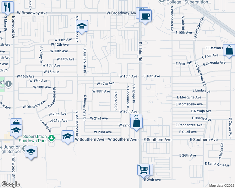 map of restaurants, bars, coffee shops, grocery stores, and more near 1823 South Moreno Drive in Apache Junction