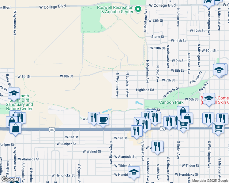 map of restaurants, bars, coffee shops, grocery stores, and more near 604 North Wyoming Avenue in Roswell