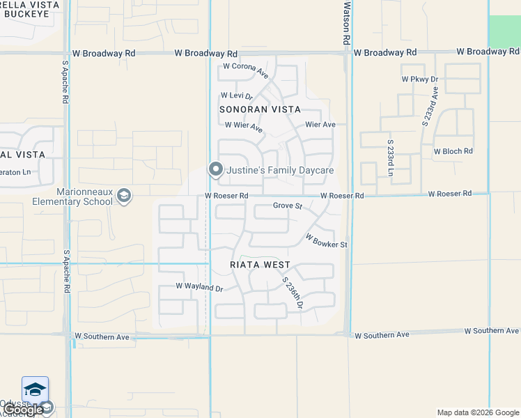 map of restaurants, bars, coffee shops, grocery stores, and more near 23740 Grove Street in Buckeye
