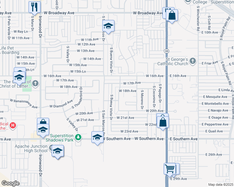 map of restaurants, bars, coffee shops, grocery stores, and more near 1820 South Monterey Drive in Apache Junction