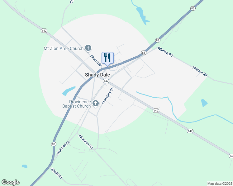 map of restaurants, bars, coffee shops, grocery stores, and more near 7 Farrar Street in Shady Dale