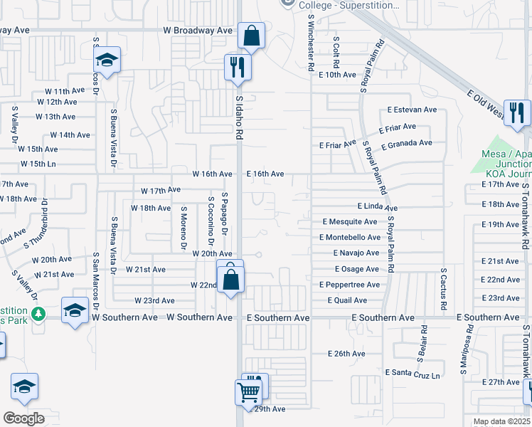 map of restaurants, bars, coffee shops, grocery stores, and more near 1790 South Sombrero Road in Apache Junction