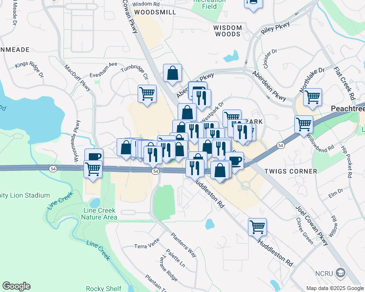 map of restaurants, bars, coffee shops, grocery stores, and more near 2701 Highway 54 West in Peachtree City
