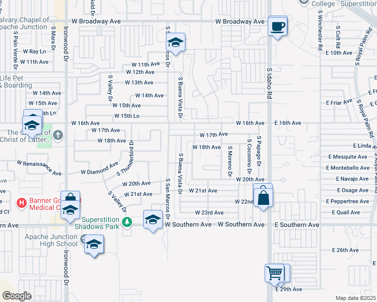 map of restaurants, bars, coffee shops, grocery stores, and more near 1751 South Buena Vista Drive in Apache Junction