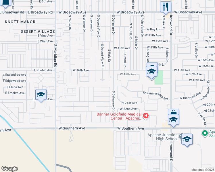 map of restaurants, bars, coffee shops, grocery stores, and more near 2471 West 16th Avenue in Apache Junction