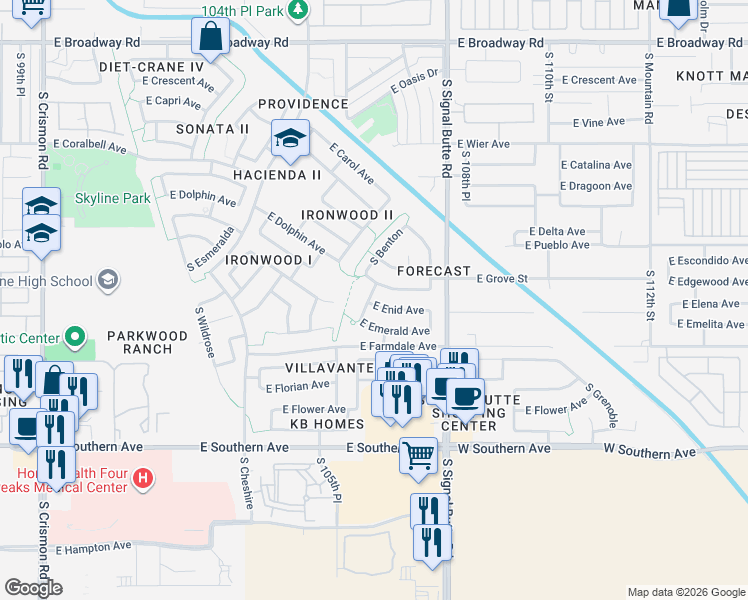 map of restaurants, bars, coffee shops, grocery stores, and more near 864 South Vegas in Mesa