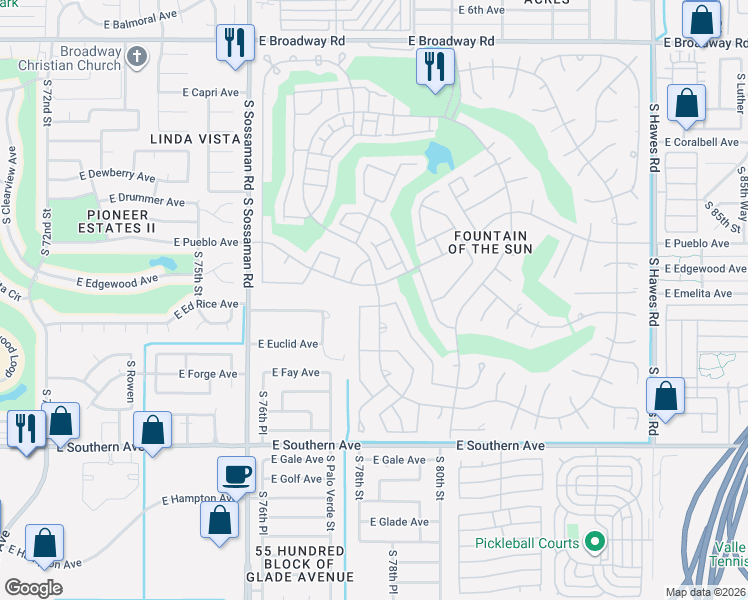 map of restaurants, bars, coffee shops, grocery stores, and more near 7861 East Pueblo Avenue in Mesa