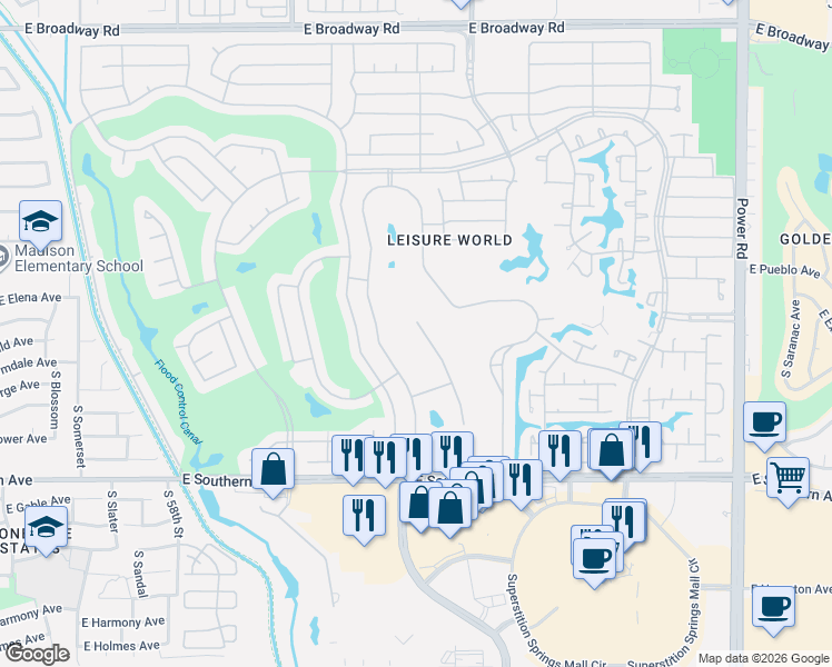 map of restaurants, bars, coffee shops, grocery stores, and more near 1384 Leisure World in Mesa