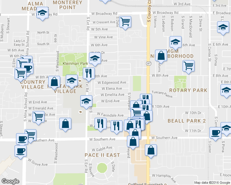 map of restaurants, bars, coffee shops, grocery stores, and more near 601 West Elena Avenue in Mesa